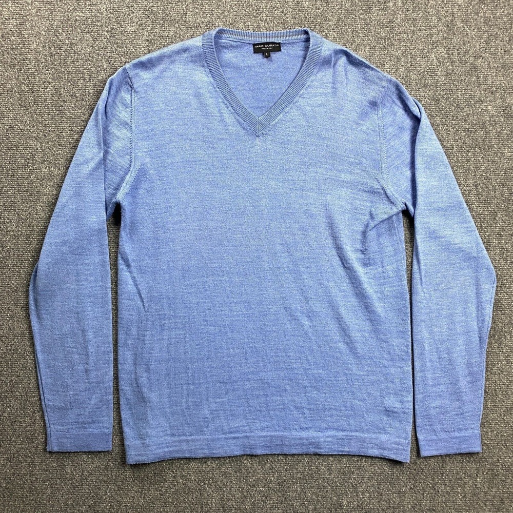 Mario Gilberti Sweater Men's Large Blue V-Neck 100% Merino Extra Fine Wool‎